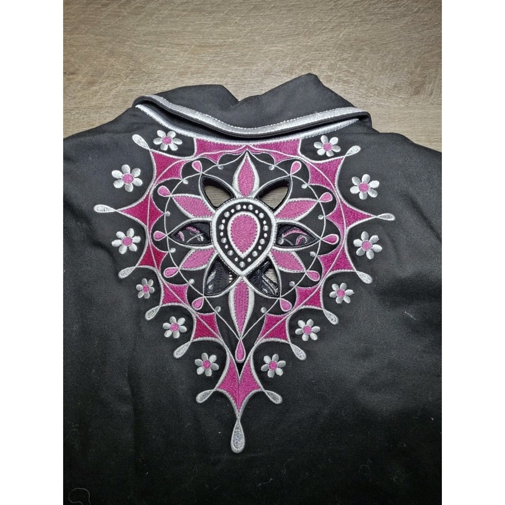 Bob Mackie Wearable Art Jacket Medium Black Pink Embroidery Flower ZipUp QVC 90s - Picture 7 of 8